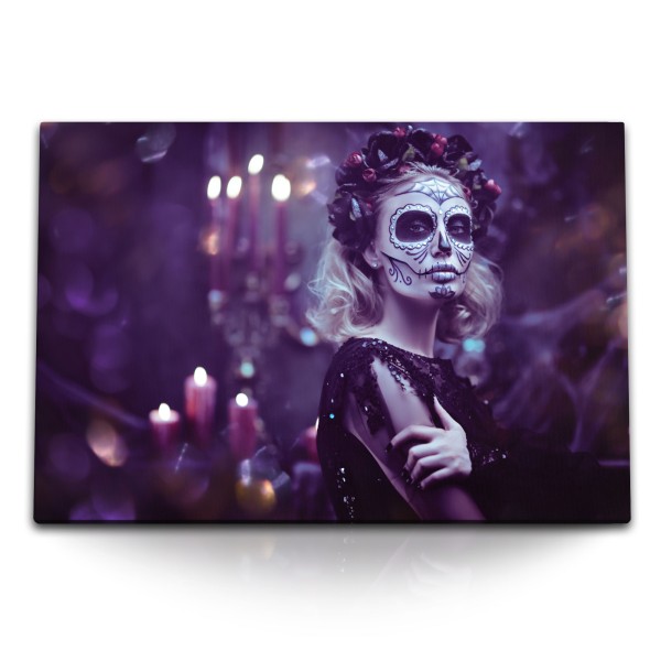 120x80cm Wandbild auf Leinwand Junge Frau mit Maske Totenkopf Kunstvoll Día de Muertos