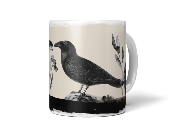 Dekorative Tasse mit schönem Vogel Motiv Rabe Schwarz Vollmond Mond Dunkel Wasserfarben