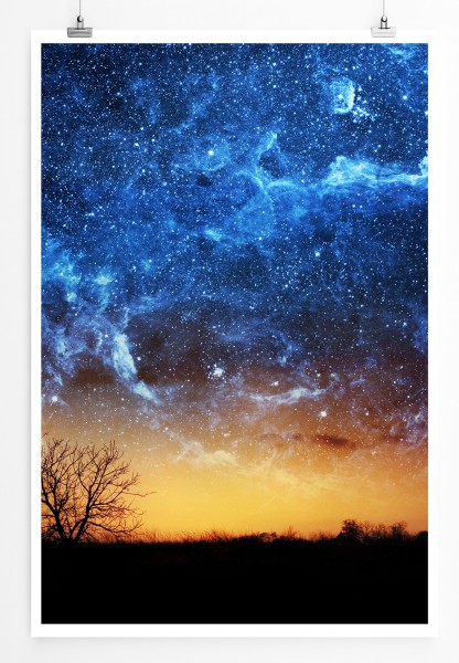 90x60cm Poster Einsamer Baum unter leutendem Sternenhimmel