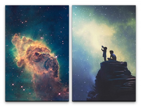 2 Bilder je 60x90cm Sommernacht Sternenhimmel Milchstraße Galaxie Zauberhaft Teleskop Fantasie
