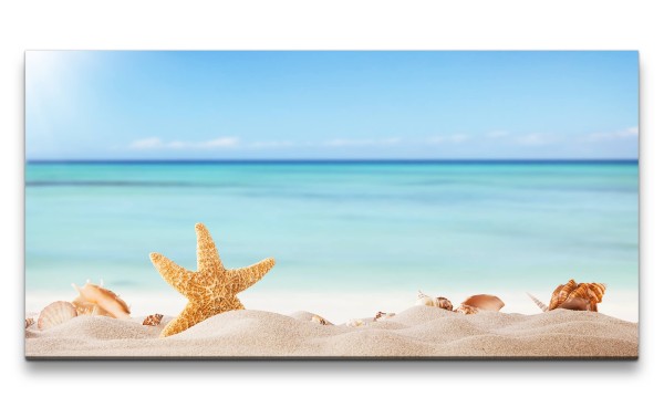 Leinwandbild 120x60cm Strand Meer Seestern Muscheln Urlaub Sommer