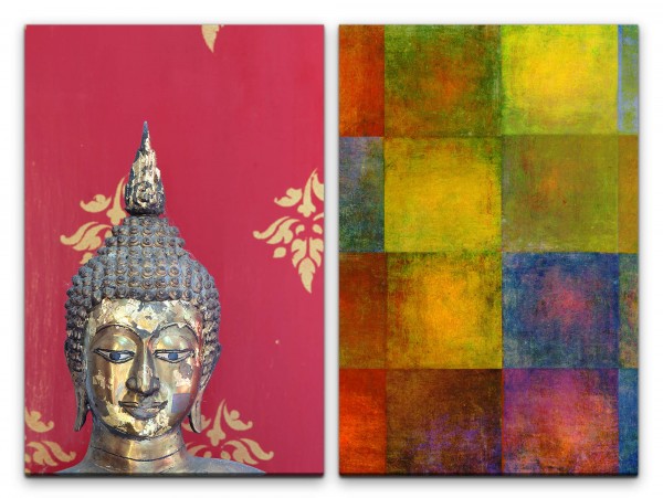2 Bilder je 60x90cm Buddha Buddhakopf Bunt Abstrakt Struktur Meditation Yoga