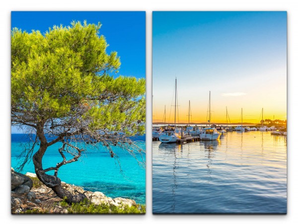 2 Bilder je 60x90cm Griechenland Chalkidiki Mittelmeer Baum Hafen Boote Sommer