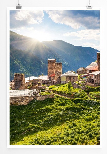 90x60cm Poster Dorf vor Kaukasusgebirge in Svaneti Georgien