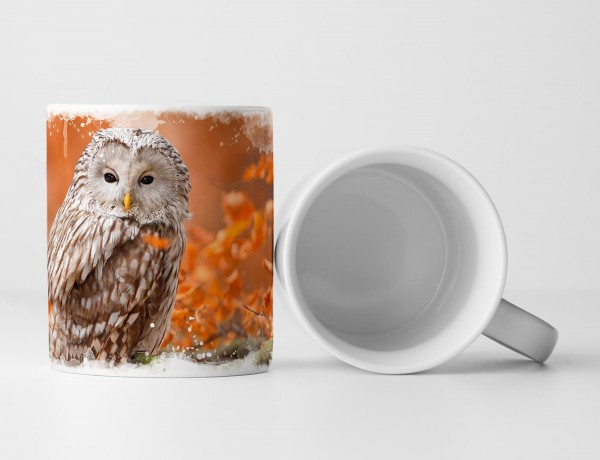 Tasse Geschenk Tierfotografie – Malerischer Habichtskauz mit orangem Hintergrund