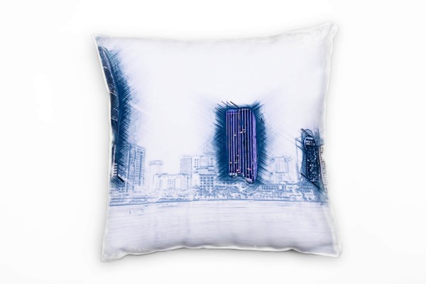 City, Abstrakt, Ho Chi Minh Stadt, gezeichnet, blau, lila Deko Kissen 40x40cm für Couch Sofa Lounge