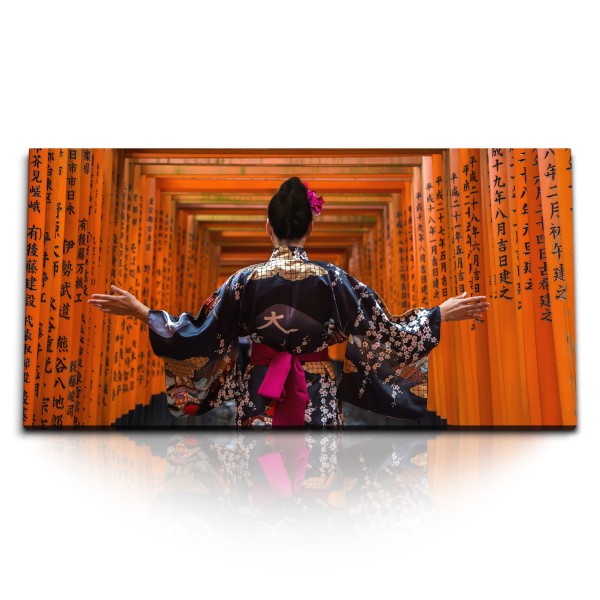 Kunstdruck Bilder 120x60cm Japan Schrein Tempel Rot Geisha Kimono