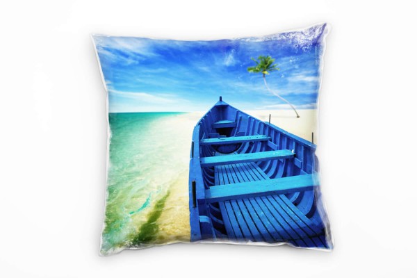 Strand und Meer, blau, Boot am Strand Deko Kissen 40x40cm für Couch Sofa Lounge Zierkissen