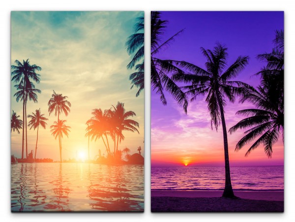 2 Bilder je 60x90cm Palmen Paradies Meer Sandstrand Karibik Süden Sonnenuntergang