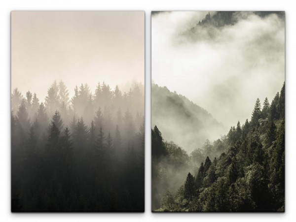 2 Bilder je 60x90cm Tannenwald Tannen Berge Nebel Wolken Natur Stille
