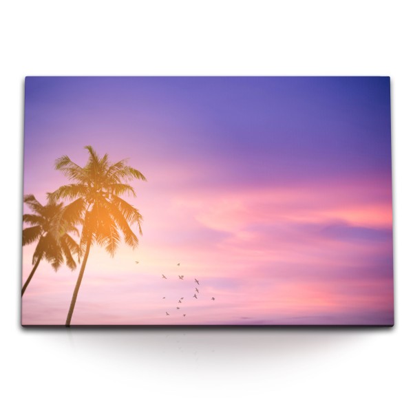 120x80cm Wandbild auf Leinwand Palmen Karibik rosa Himmel Sonnenuntergang Vögel