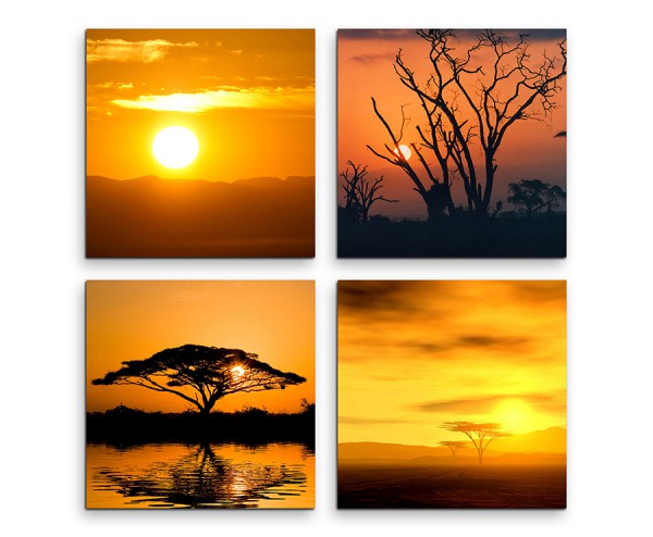 4 teiliges Leinwandbild je 30x30cm  Akazienbaum Sonnenuntergang Afrika Wildnis