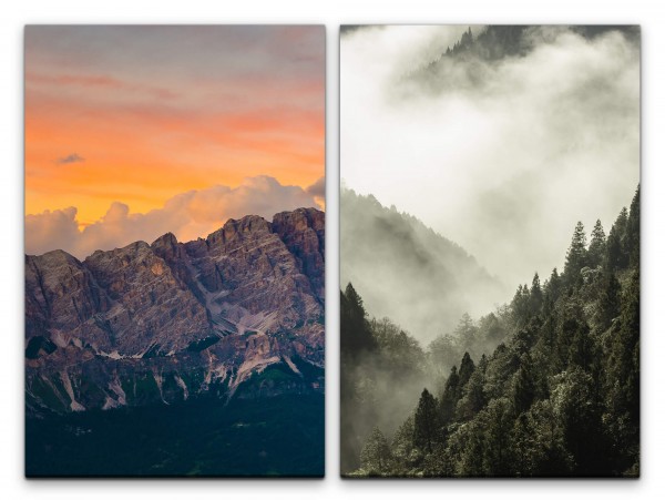 2 Bilder je 60x90cm Berge Tannenwald Nebel Wolken Abendröte Ruhe Seelenfrieden