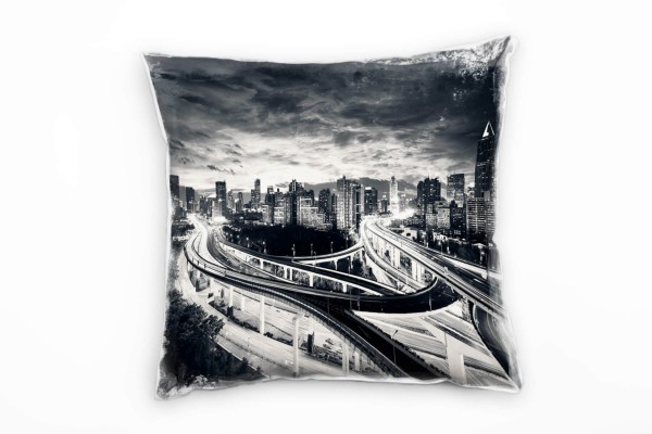 Urban und City, schwarz, weiß, Shanghai, Nacht Deko Kissen 40x40cm für Couch Sofa Lounge Zierkissen