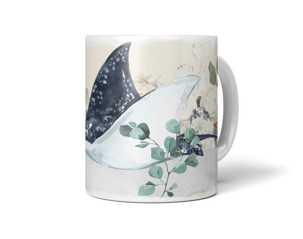 Dekorative Tasse mit schönem Motiv Riesenrochen Rochen Wasserfarben Blumen Blüten