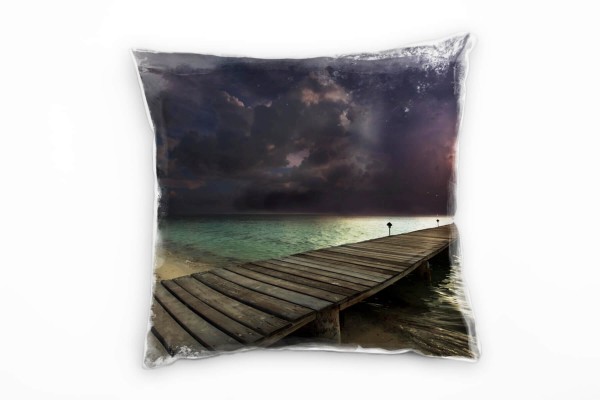 Strand und Meer, grau, türkis, Unwetter, Blitz, Steg Deko Kissen 40x40cm für Couch Sofa Lounge Zierk
