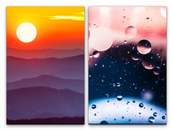 2 Bilder je 60x90cm Berge Sonne Wassertropfen Kunstvoll Harmonisch roter Himmel Natur
