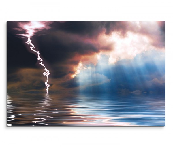 120x80cm Wandbild Meer Regen Blitze Wolken Sonnenlicht