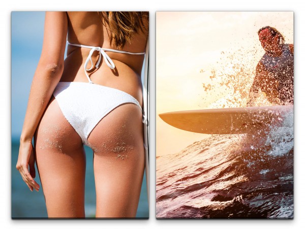 2 Bilder je 60x90cm Bikini Surferin Meer Sommer Sport Sexy Wellenreiten