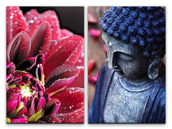 2 Bilder je 60x90cm Zinnien rote Blume Buddha Meditation Achtsamkeit Ruhe positive Energie