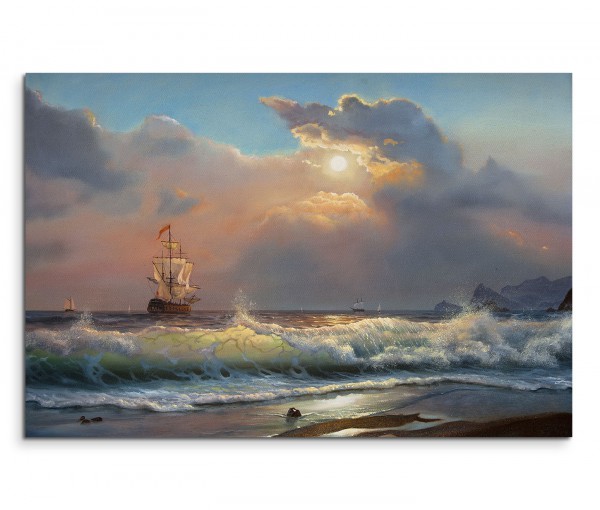 120x80cm Wandbild Ölgemälde Strand Meer Wellen Segelboot Wolken