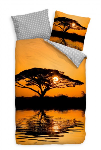 Afrika Sonnenuntergang Baum See Orange Bettwäsche Set 135x200 cm + 80x80cm Atmungsaktiv