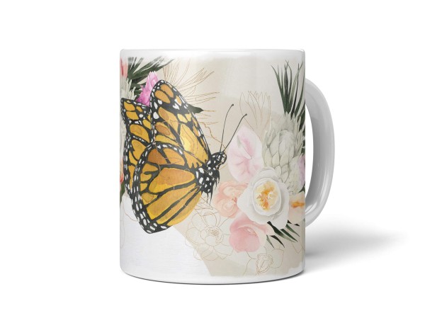 Dekorative Tasse mit schönem Motiv Schmetterling Blumen Blüten Blumenstrauß Vintage