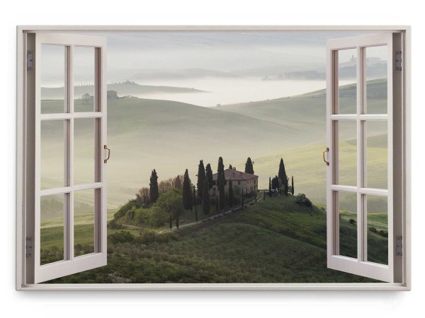 Wandbild 120x80cm Fensterbild Toskana Italien Landhaus Landschaft Nebel