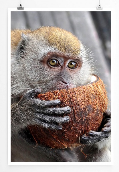60x90cm Tierfotografie Poster Affe mit Kokosnuss