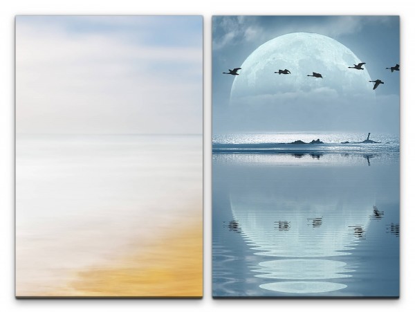 2 Bilder je 60x90cm Mond Vögel Vollmond Enten Meer See Mystisch