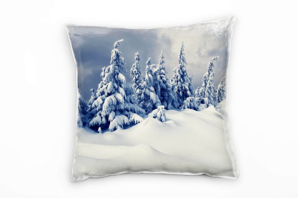 Winter, weiß, grau, schneebedeckte Nadelbäume Deko Kissen 40x40cm für Couch Sofa Lounge Zierkissen