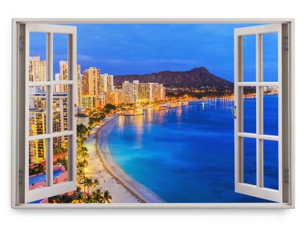 Wandbild 120x80cm Fensterbild Hawaii Honolulu Küstenstadt Nacht Stadtlichter Strand