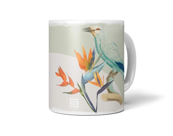 Dekorative Tasse mit schönem Vogel Motiv Singvogel Blumen Farbenfroh Pastelltöne Kunstvoll