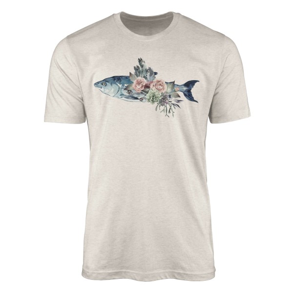 Herren Shirt 100% gekämmte Bio-Baumwolle T-Shirt Fisch Blumen Wasserfarben Motiv Nachhaltig Ökomode