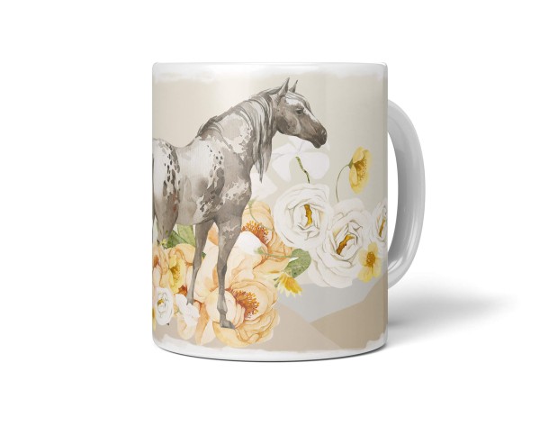 Tasse Porzellan Tier Motiv Pferd Blumen Blüten Kunstvoll Pastelltöne Wasserfarben