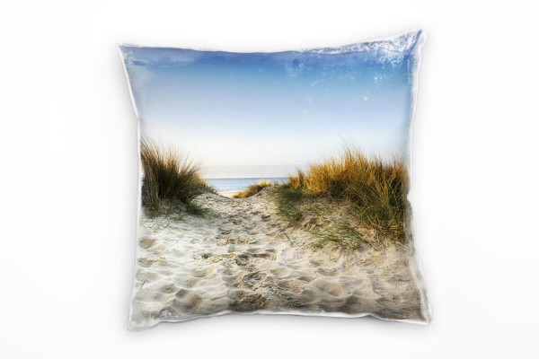 Strand und Meer, beige, blau, grün, Sanddünen, Gras Deko Kissen 40x40cm für Couch Sofa Lounge Zierki