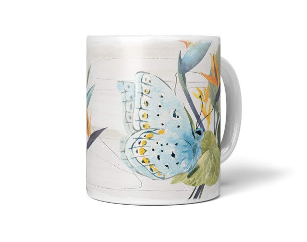 Dekorative Tasse mit schönem Motiv Schmetterling exotische Blumen Pflanzen Kunstvoll