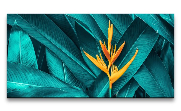 Leinwandbild 120x60cm Exotische Pflanze Tropisch Kunstvoll Grün Orange Dekorativ