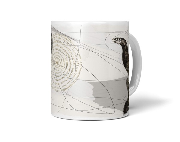 Dekorative Tasse mit schönem Vogel Motiv schönem Design Schwarz Mond Vollmond Grau