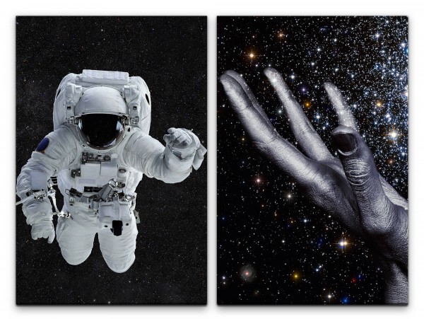 2 Bilder je 60x90cm Astronaut Sterne Weltall Galaxie Hand Fantasie Göttlich
