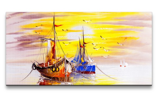 Leinwandbild 120x60cm Segelschiffe Meer Möwen Malerisch Kunstvoll Sonnenuntergang