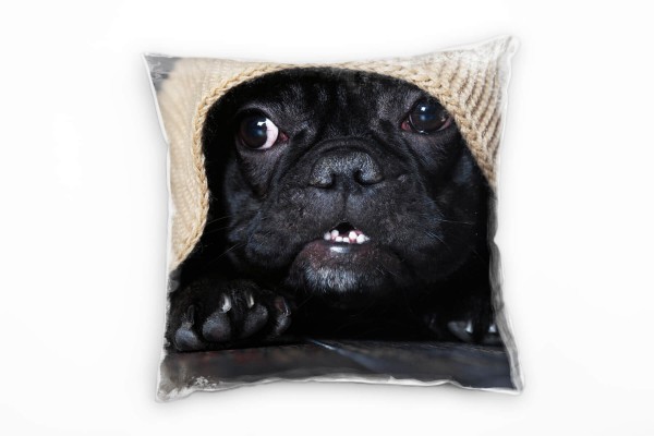 Tiere, Hund unter einer Decke, schwarz, braun Deko Kissen 40x40cm für Couch Sofa Lounge Zierkissen