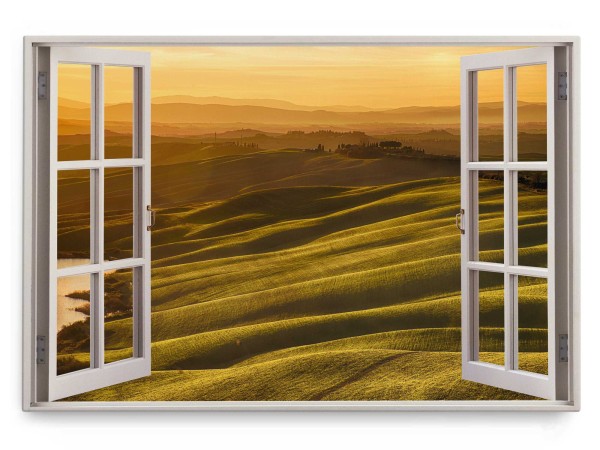Wandbild 120x80cm Fensterbild Toskana Italien Sonnenuntergang Hügel Landschaft