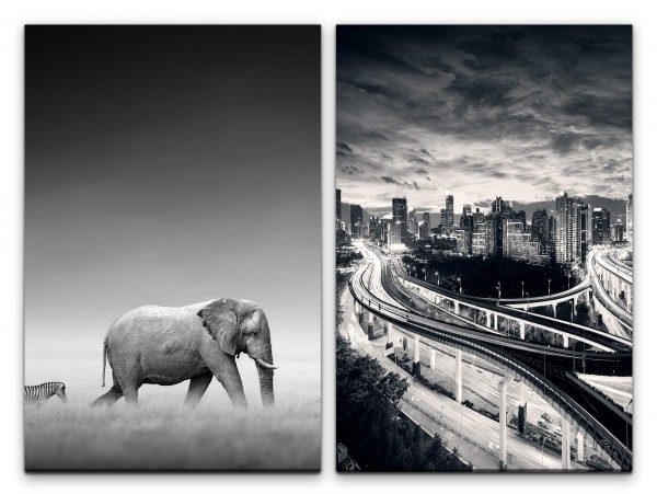 2 Bilder je 60x90cm Elefant Zebra Schwarz Weiß Kontrast Fotokunst Skyline Großstadt