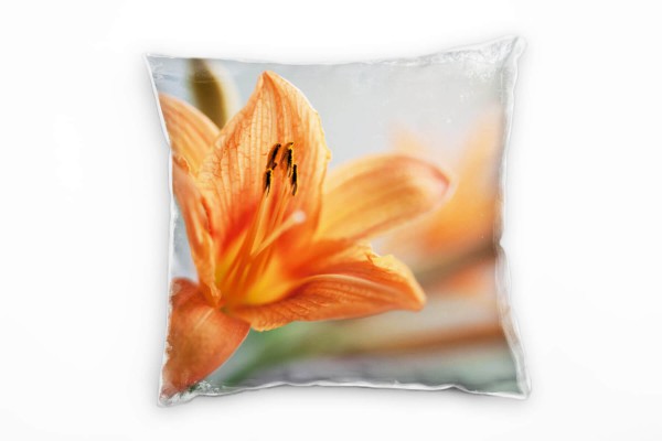 Blumen, Blüte, orange, grün, grau Deko Kissen 40x40cm für Couch Sofa Lounge Zierkissen