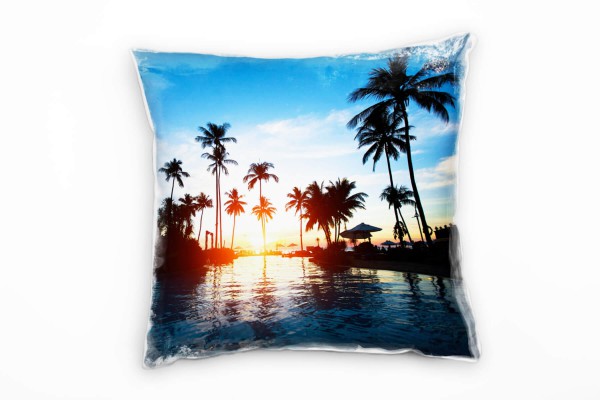 Sommer, blau, orange, Sonnenuntergang, Palmen Deko Kissen 40x40cm für Couch Sofa Lounge Zierkissen