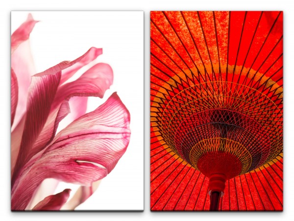 2 Bilder je 60x90cm Blüte Roter Sonnenschirm China Öl-Papierschirm Tanzschirm Regenschirm