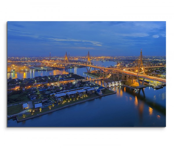 120x80cm Wandbild Thailand Bhumibol Brücke Wasser Gebäude Nacht