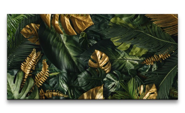 Leinwandbild 120x60cm Grüne Blätter Gold Dekorativ Fotokunst Natur