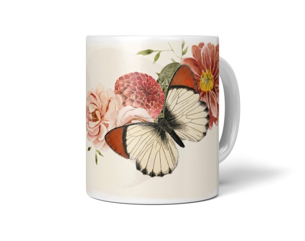 Dekorative Tasse mit schönem Motiv Schmetterling Blumen Blüten Frühling Vintage Kunstvoll
